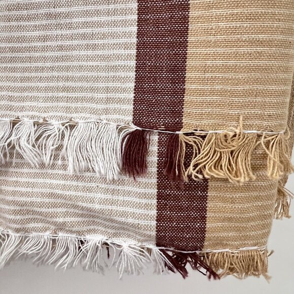 NEW Cotton Tablecloth Artisan Indian Handwoven Striped Browns Fringe Earth Tones - Picture 5 of 7